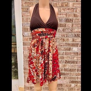Y2K Brown and Floral Wrapper Halter Dress